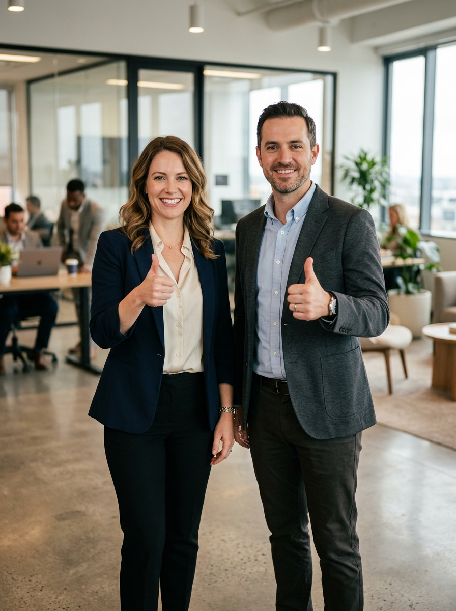 Two smiling business professionals giving a thumbs up after installing IdeoLab's AI assistant in their business